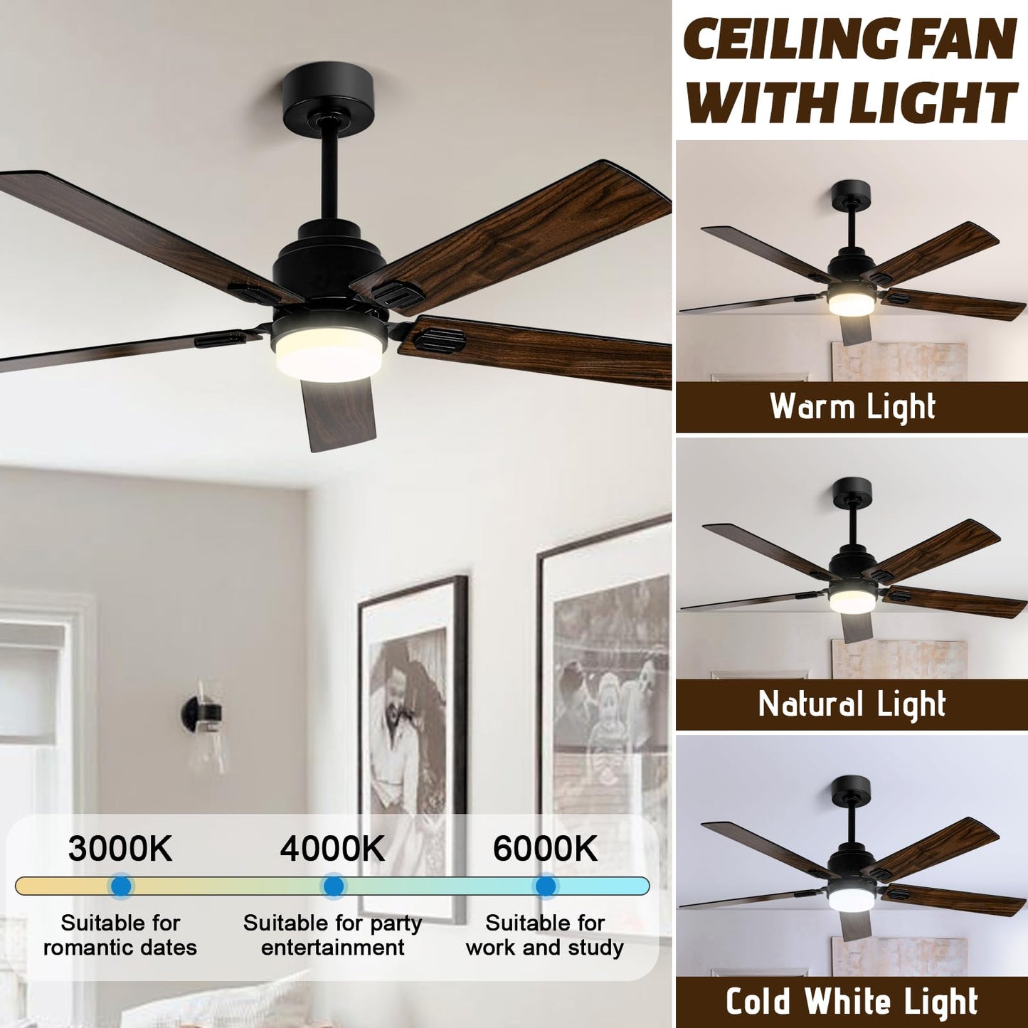 52 Inch Black Low Profile Wood Ceiling Fan With Remote Control and Light, Reversible DC motor