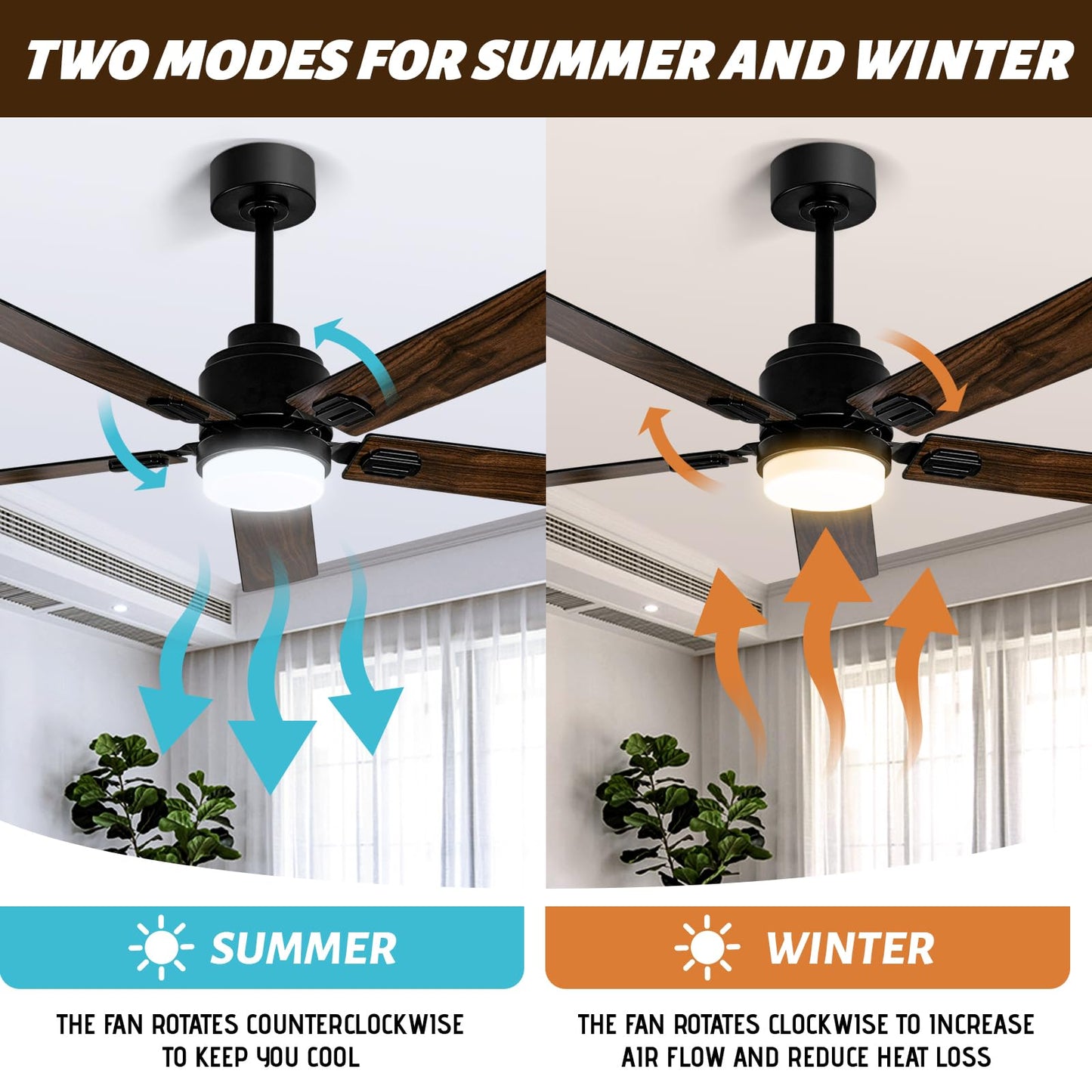 52 Inch Black Low Profile Wood Ceiling Fan With Remote Control and Light, Reversible DC motor