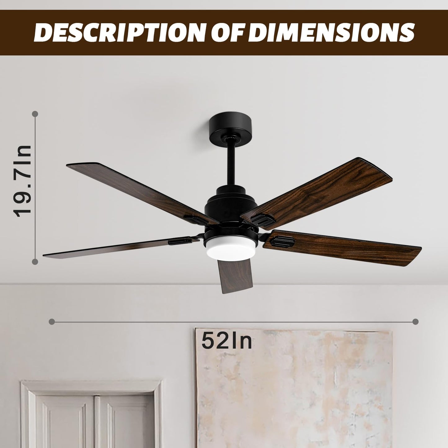 52 Inch Black Low Profile Wood Ceiling Fan With Remote Control and Light, Reversible DC motor