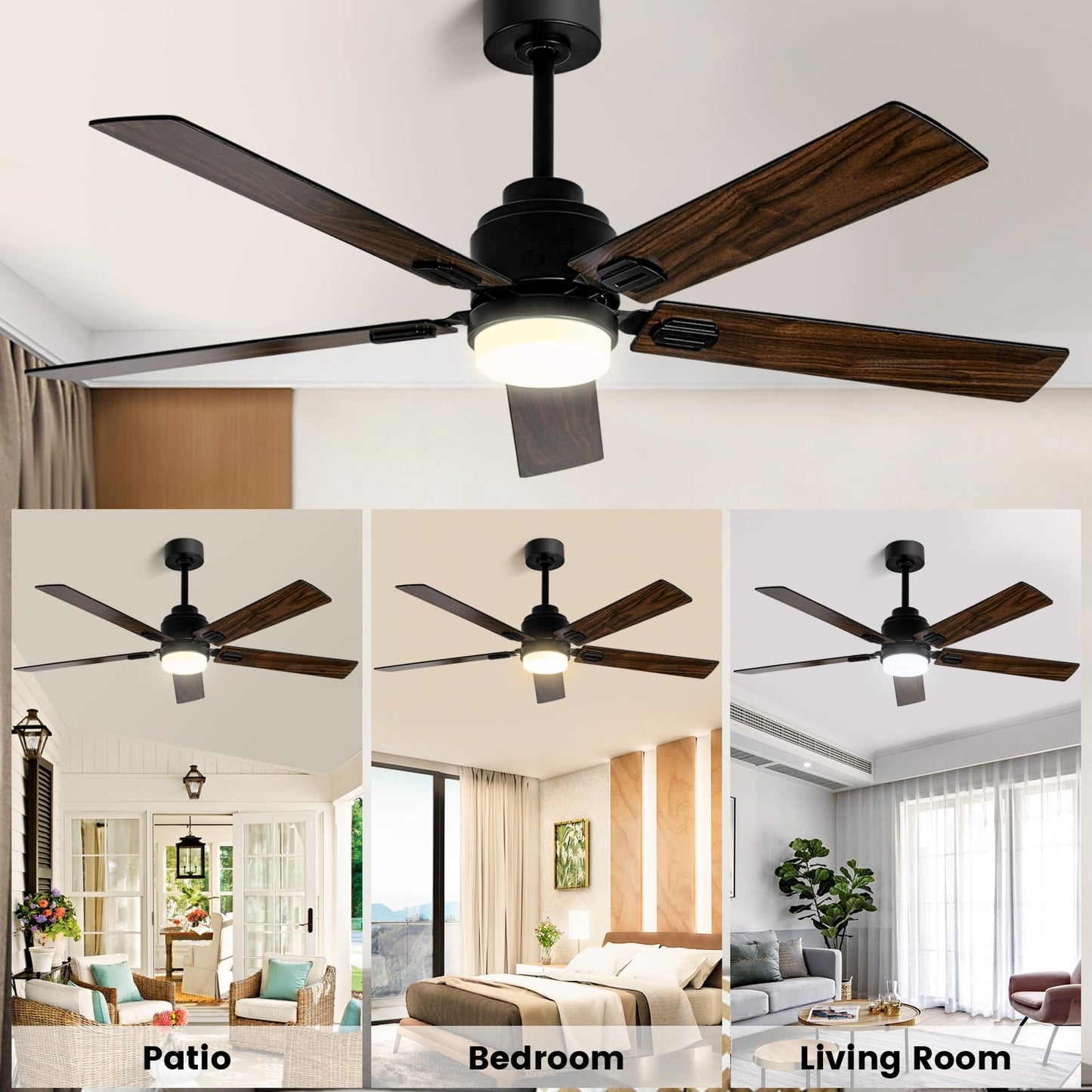 52 Inch Black Low Profile Wood Ceiling Fan With Remote Control and Light, Reversible DC motor